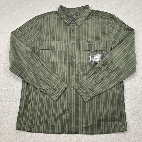Volcom Steadfast Long Sleeve Dress Shirt Mens L Stripe Corduroy Squadron Green - Picture 2 of 10